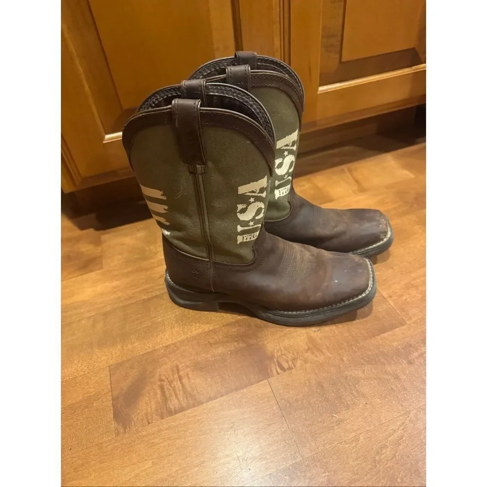 Durango Western Cowboy Boots Youth 4 Womens 6 Brown Leather Texas Flag Square To